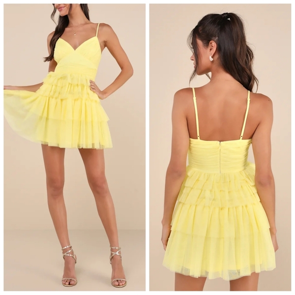 Lulus Dresses & Skirts - Lulus Special Poise Yellow Tulle Pleated Tiered V-Neck Mini Dress | XL | NWT